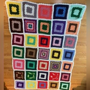 Handmade Knitted Crocheted Granny Square Colorful Afghan Throw Blanket 77” x 53”